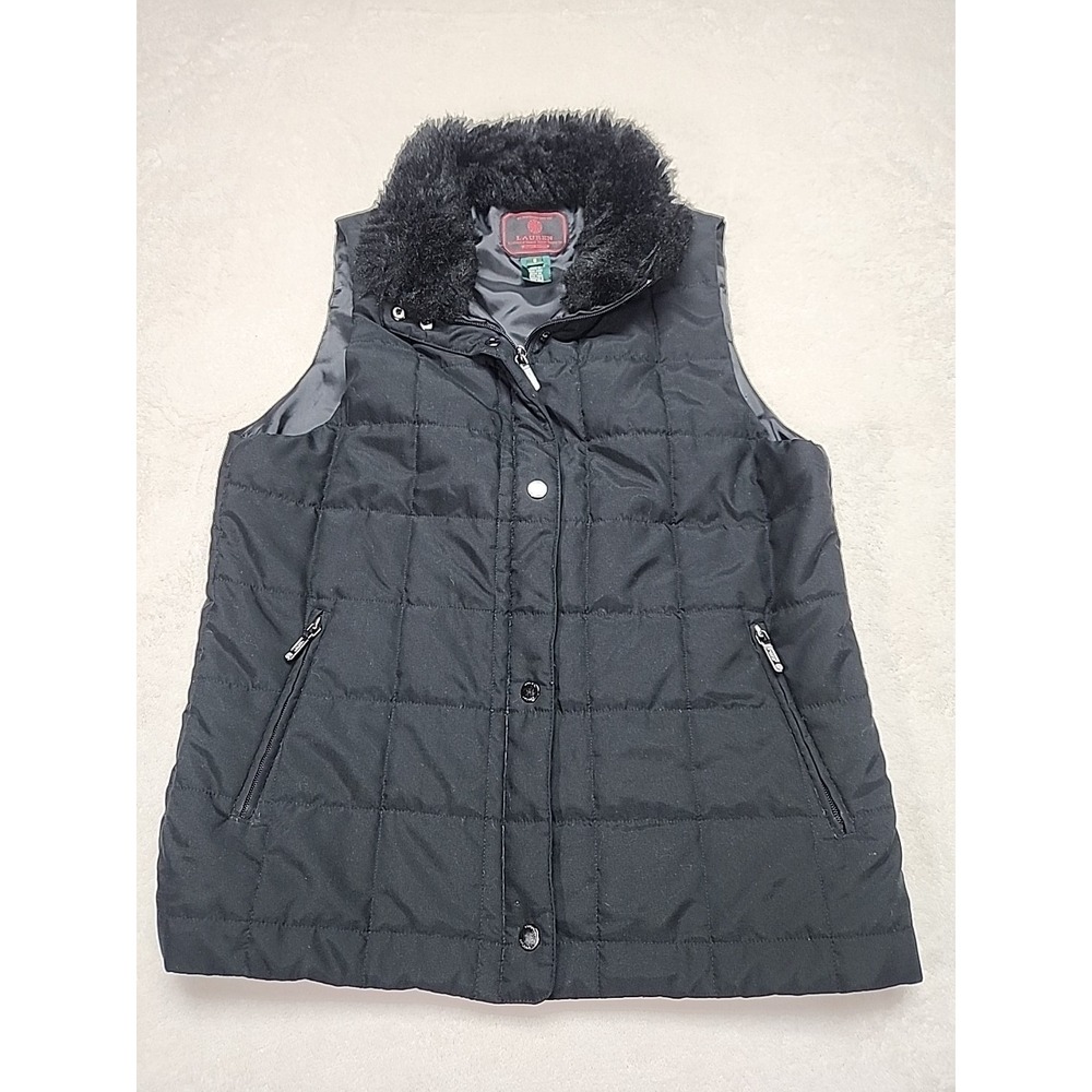 Lauren Ralph Lauren Puff Vest With Faux Fur Collar Black Size Small